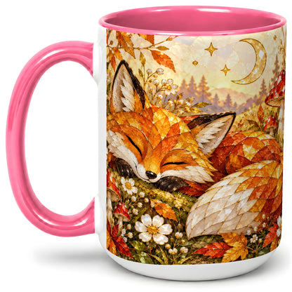 #pl[15oz|Pink] Sleeping Fox Mushroom Accent Mug, Mug with Autumn Floral Artwork
