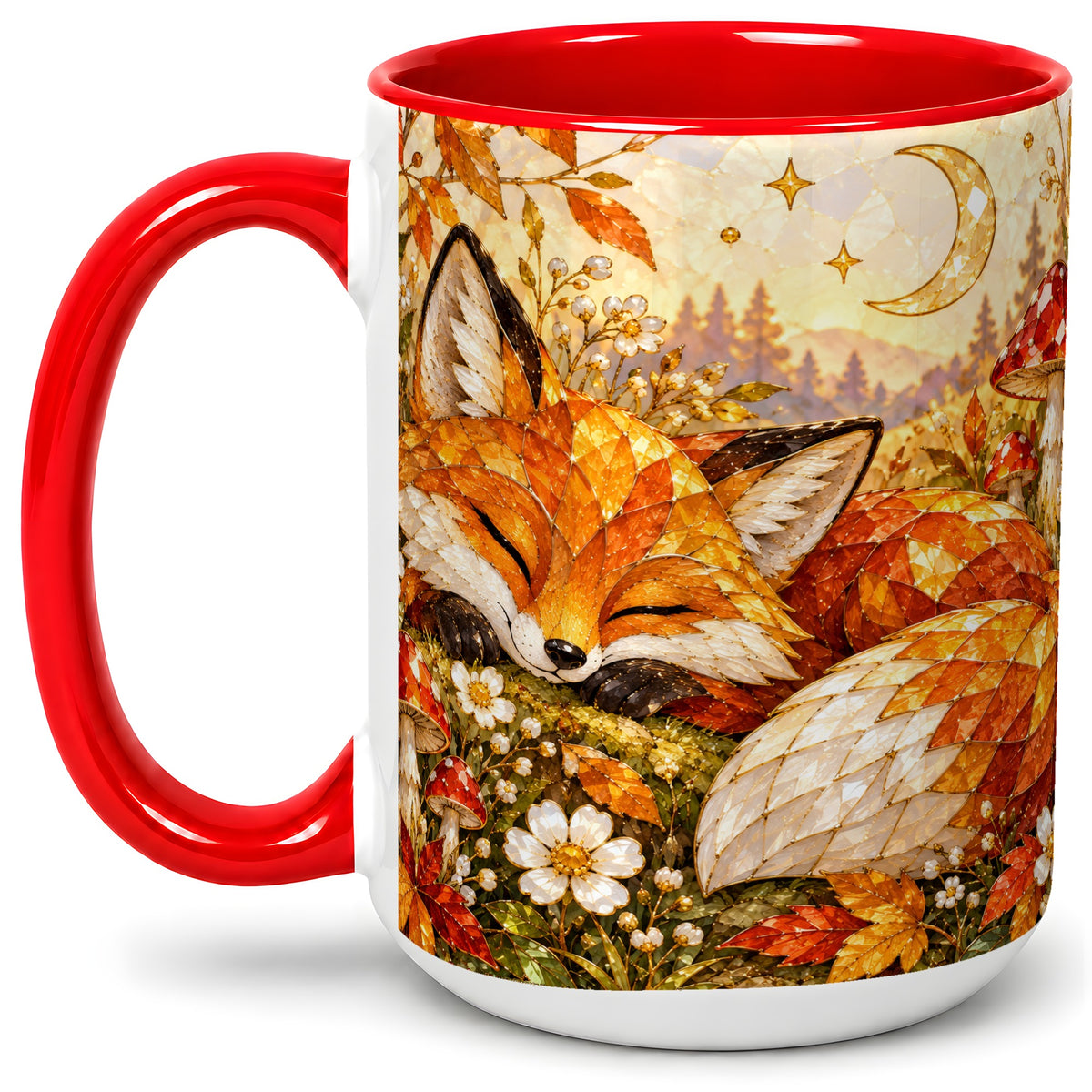 #pl[15oz|Red] Sleeping Fox Mushroom Accent Mug, Mug with Autumn Floral Artwork
