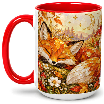 #pl[15oz|Red] Sleeping Fox Mushroom Accent Mug, Mug with Autumn Floral Artwork