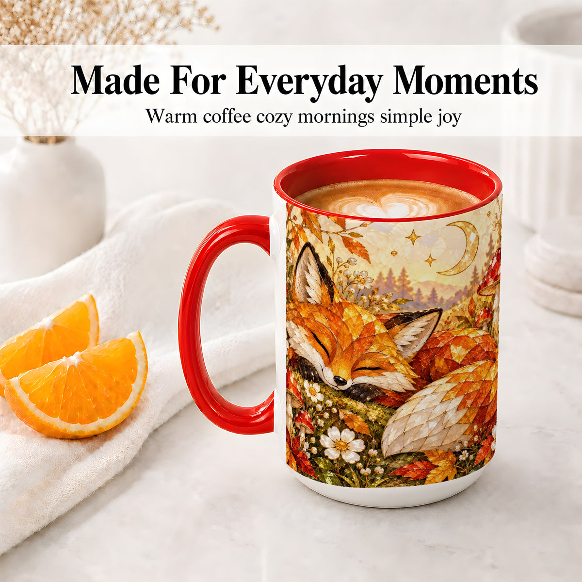 #pl[15oz|Red] Sleeping Fox Mushroom Accent Mug, Mug with Autumn Floral Artwork