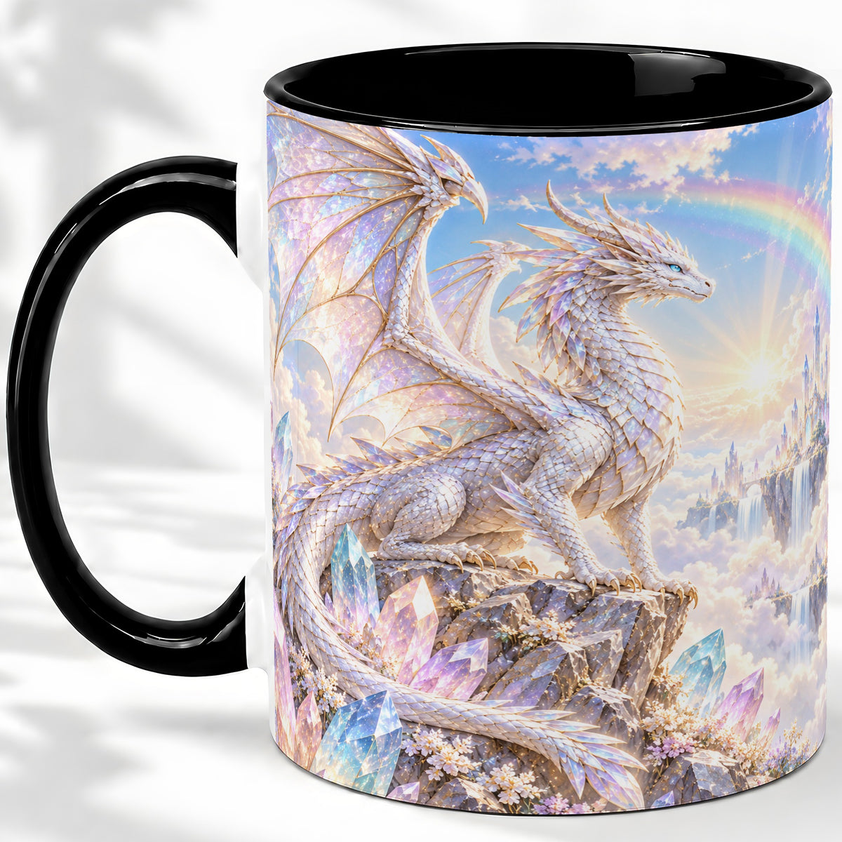 #pl[11oz|Black] White Crystal Dragon Accent Mug, Mug with Fantasy Artwork