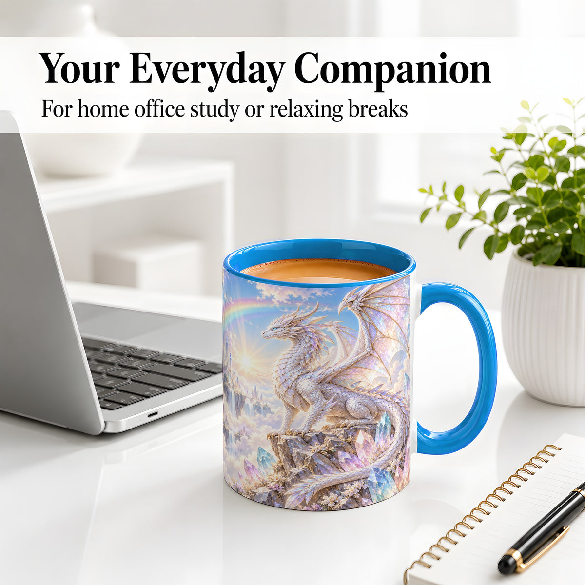 #pl[11oz|Blue] White Crystal Dragon Accent Mug, Mug with Fantasy Artwork