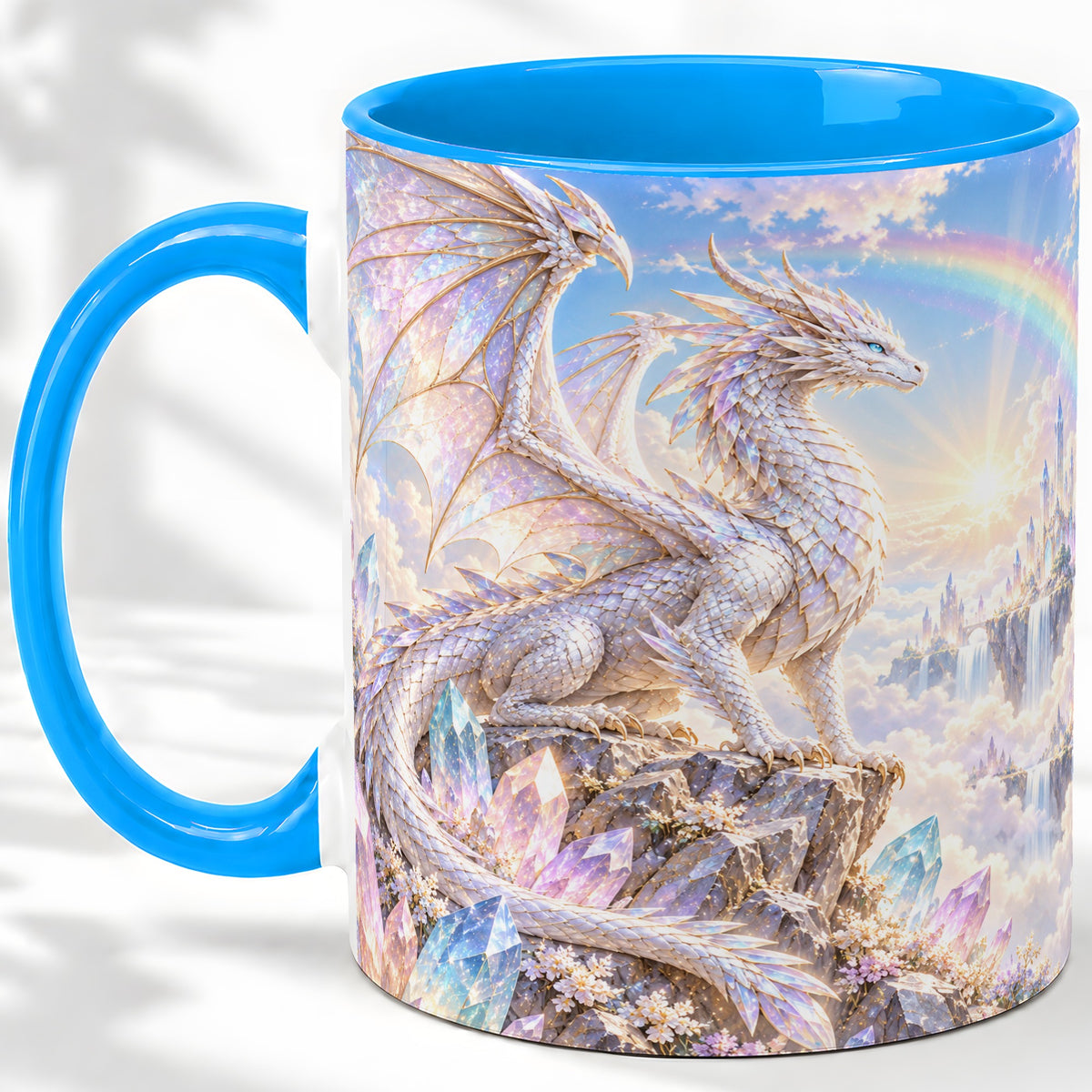 #pl[11oz|Blue] White Crystal Dragon Accent Mug, Mug with Fantasy Artwork