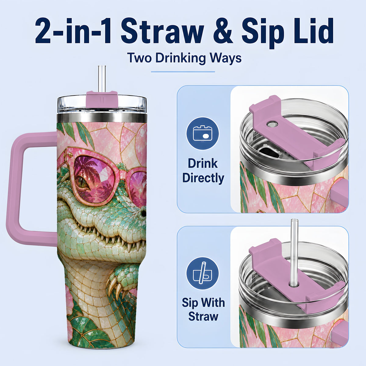 #pl[40oz|Pink] Sunglasses Alligator 40oz Tumbler, Tropical Stainless Steel Drinkware