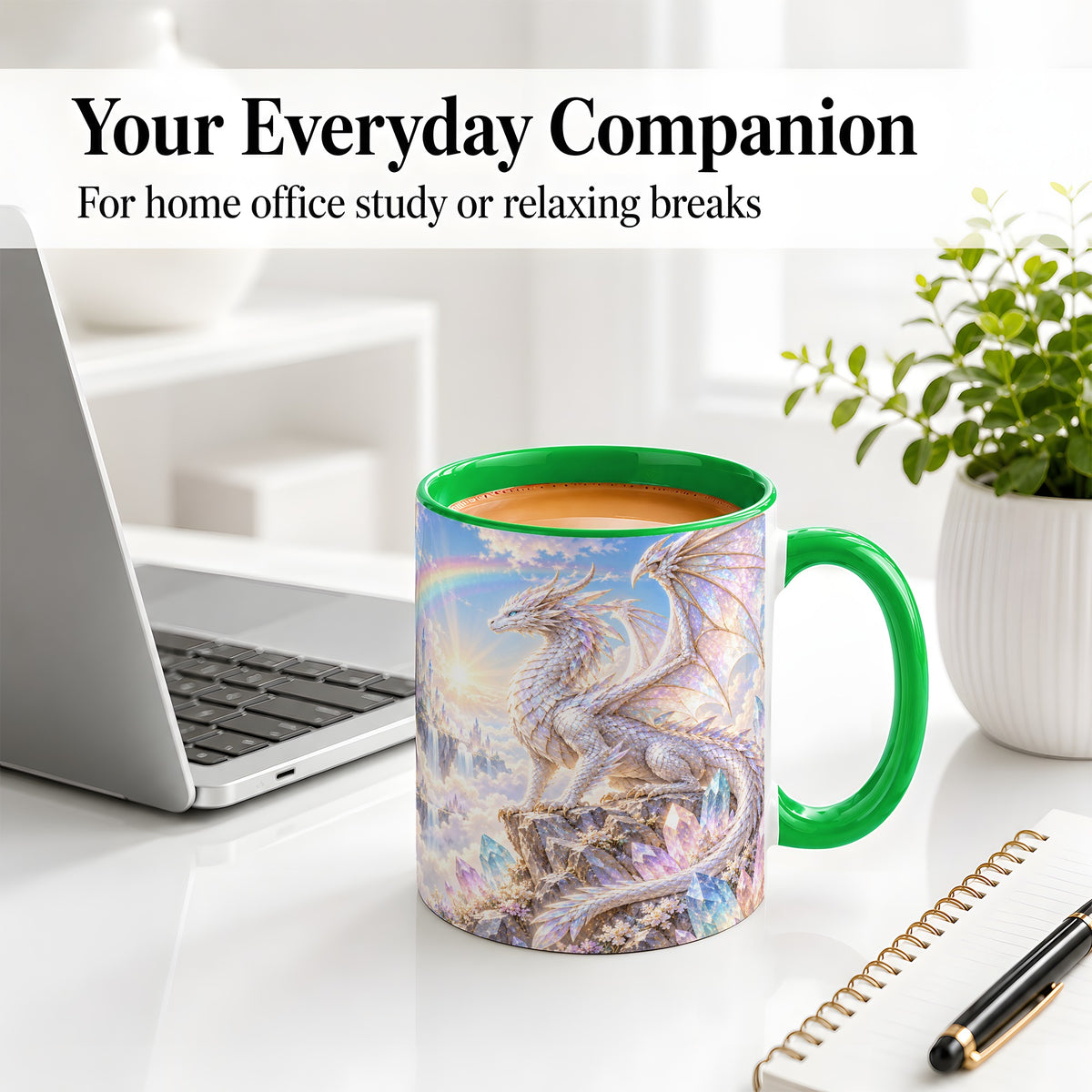 #pl[11oz|Green] White Crystal Dragon Accent Mug, Mug with Fantasy Artwork