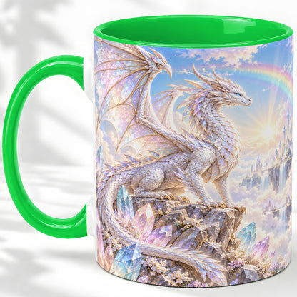 #pl[11oz|Green] White Crystal Dragon Accent Mug, Mug with Fantasy Artwork