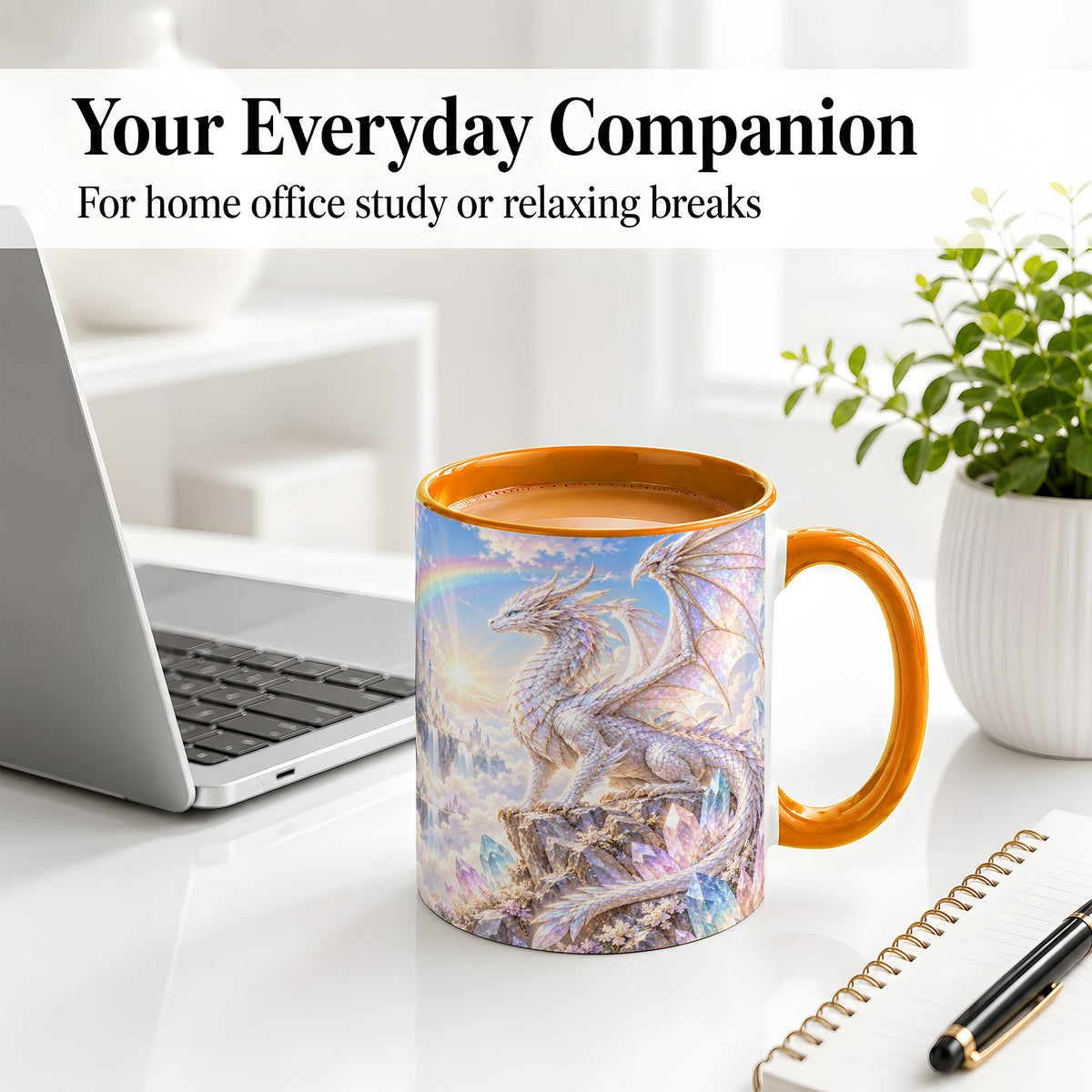 #pl[11oz|Orange] White Crystal Dragon Accent Mug, Mug with Fantasy Artwork