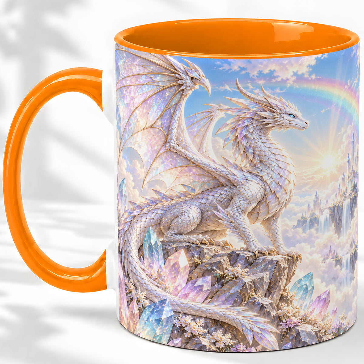 #pl[11oz|Orange] White Crystal Dragon Accent Mug, Mug with Fantasy Artwork