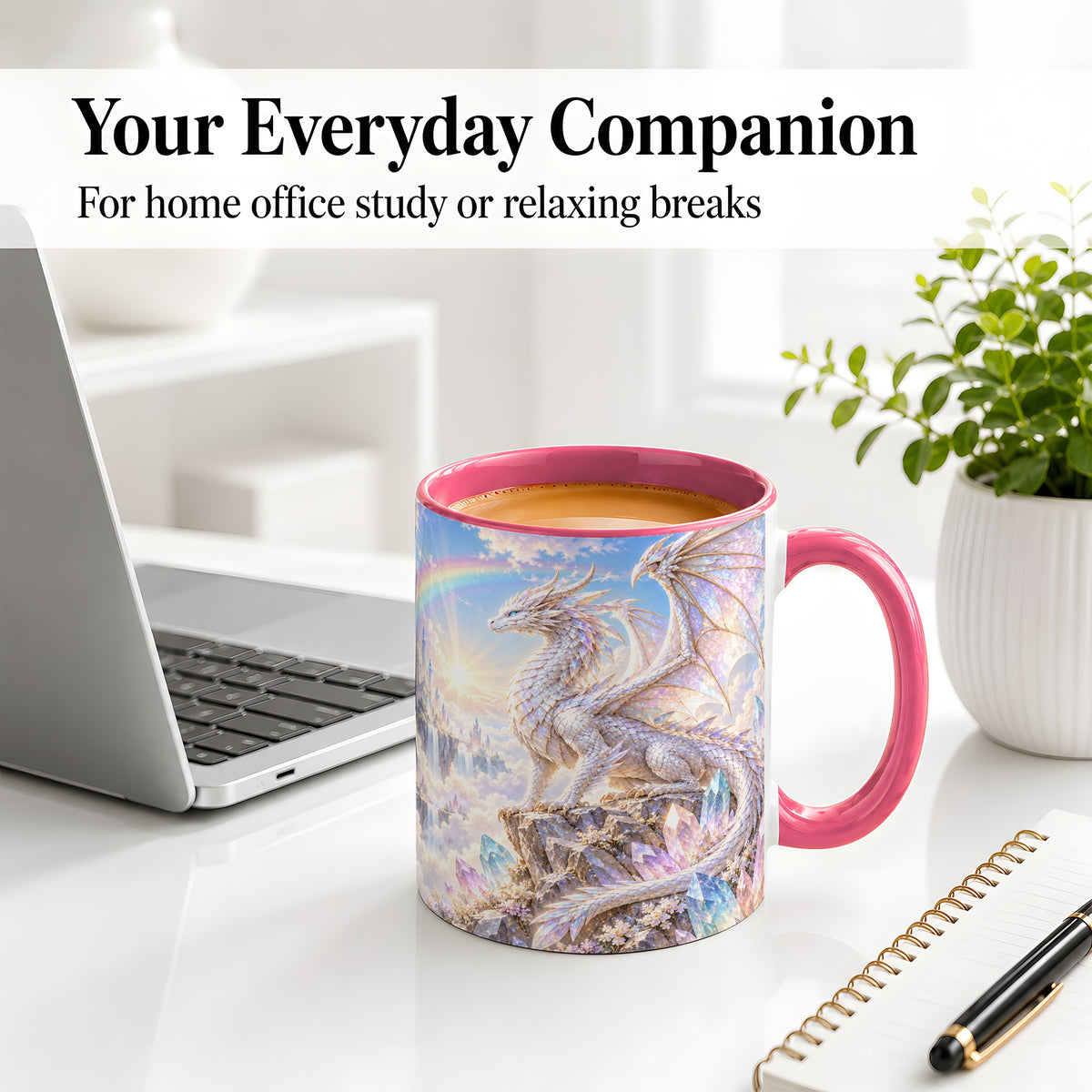 #pl[11oz|Pink] White Crystal Dragon Accent Mug, Mug with Fantasy Artwork