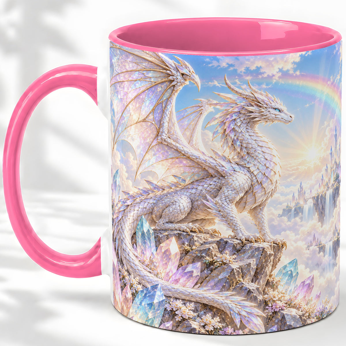 #pl[11oz|Pink] White Crystal Dragon Accent Mug, Mug with Fantasy Artwork