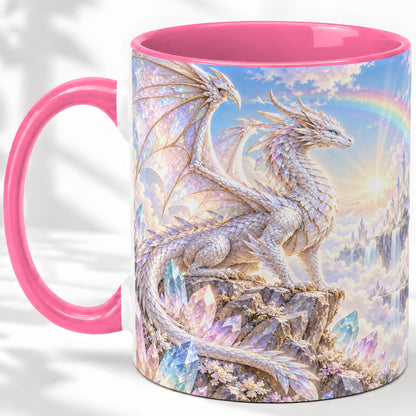 #pl[11oz|Pink] White Crystal Dragon Accent Mug, Mug with Fantasy Artwork