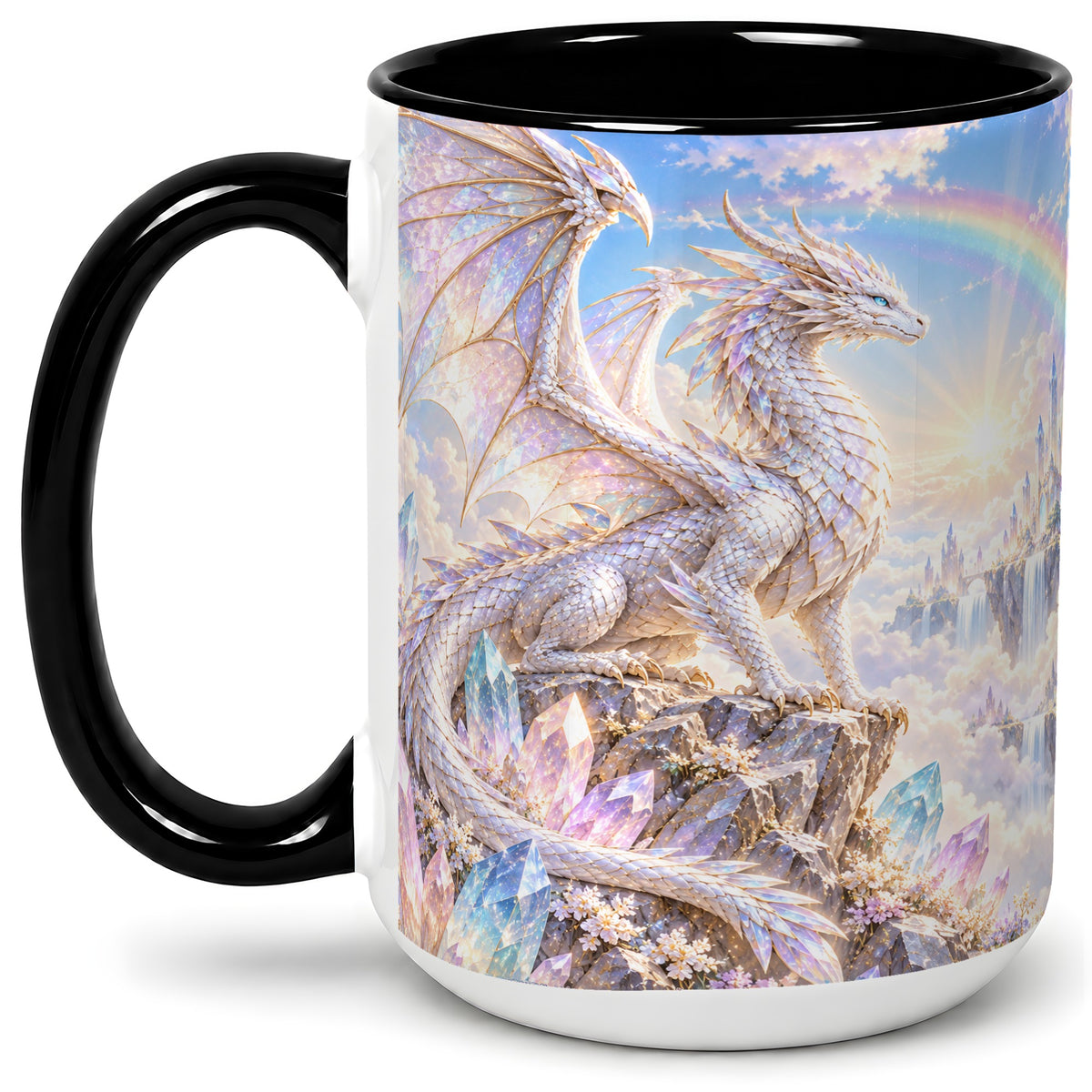 #pl[15oz|Black] White Crystal Dragon Accent Mug, Mug with Fantasy Artwork