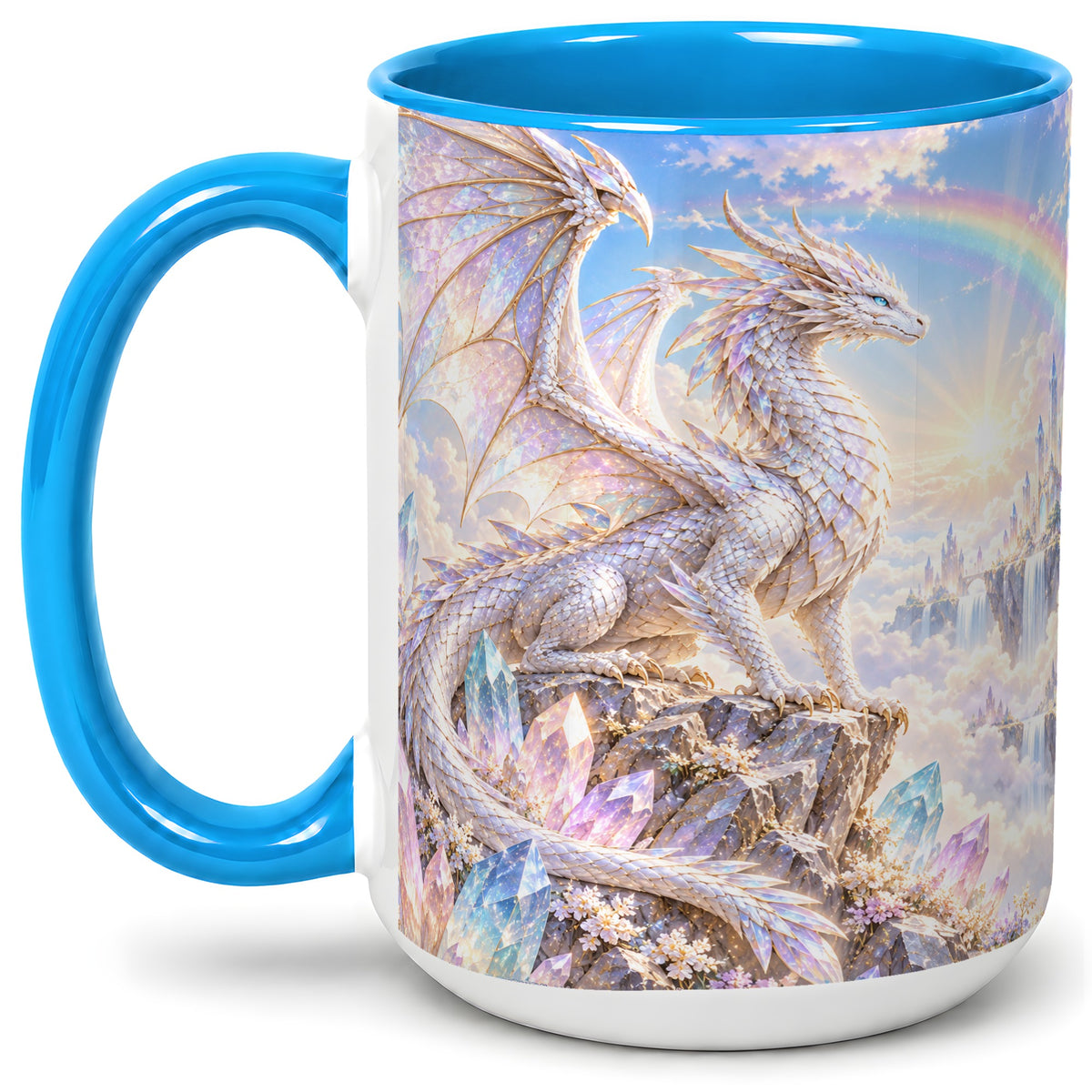 #pl[15oz|Blue] White Crystal Dragon Accent Mug, Mug with Fantasy Artwork