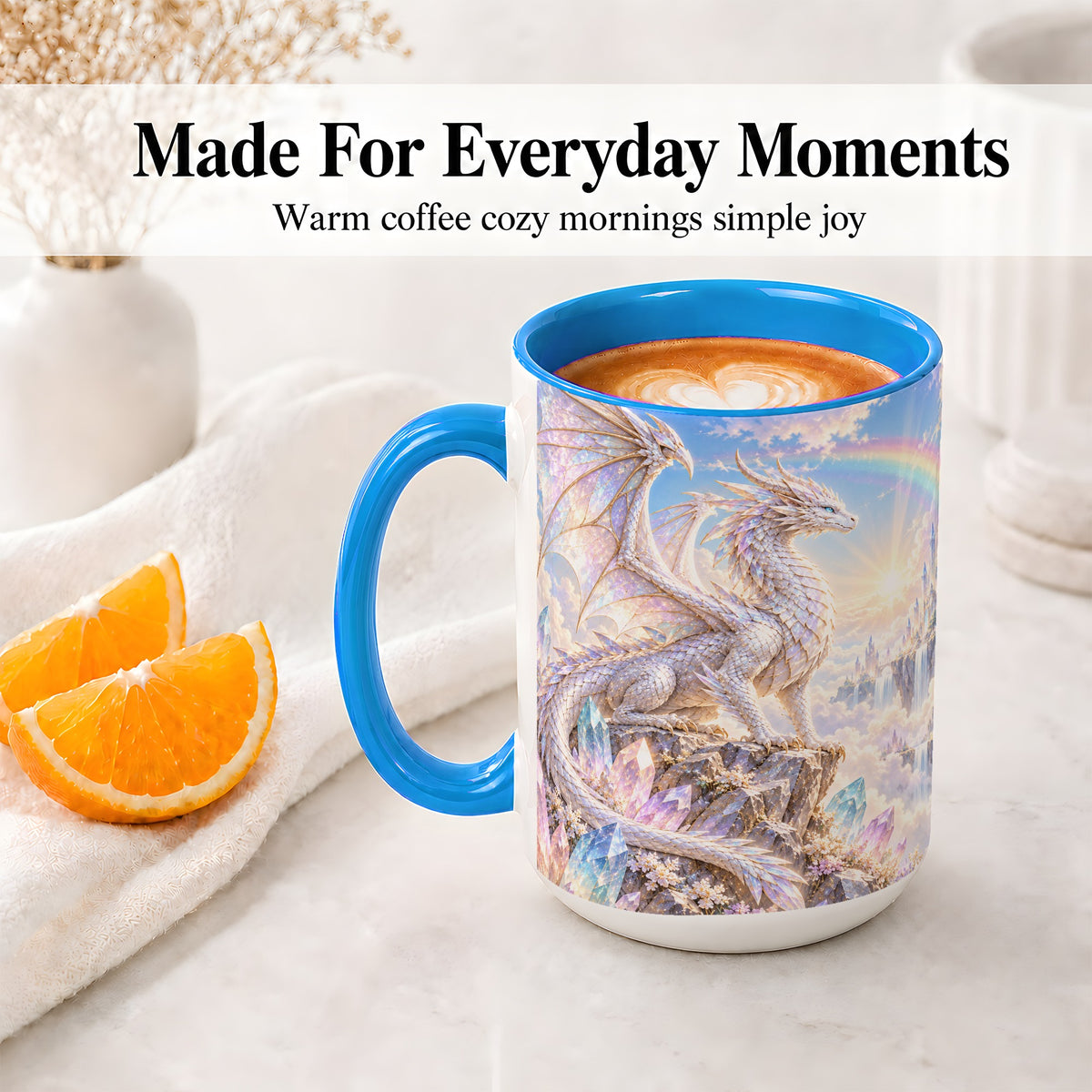 #pl[15oz|Blue] White Crystal Dragon Accent Mug, Mug with Fantasy Artwork