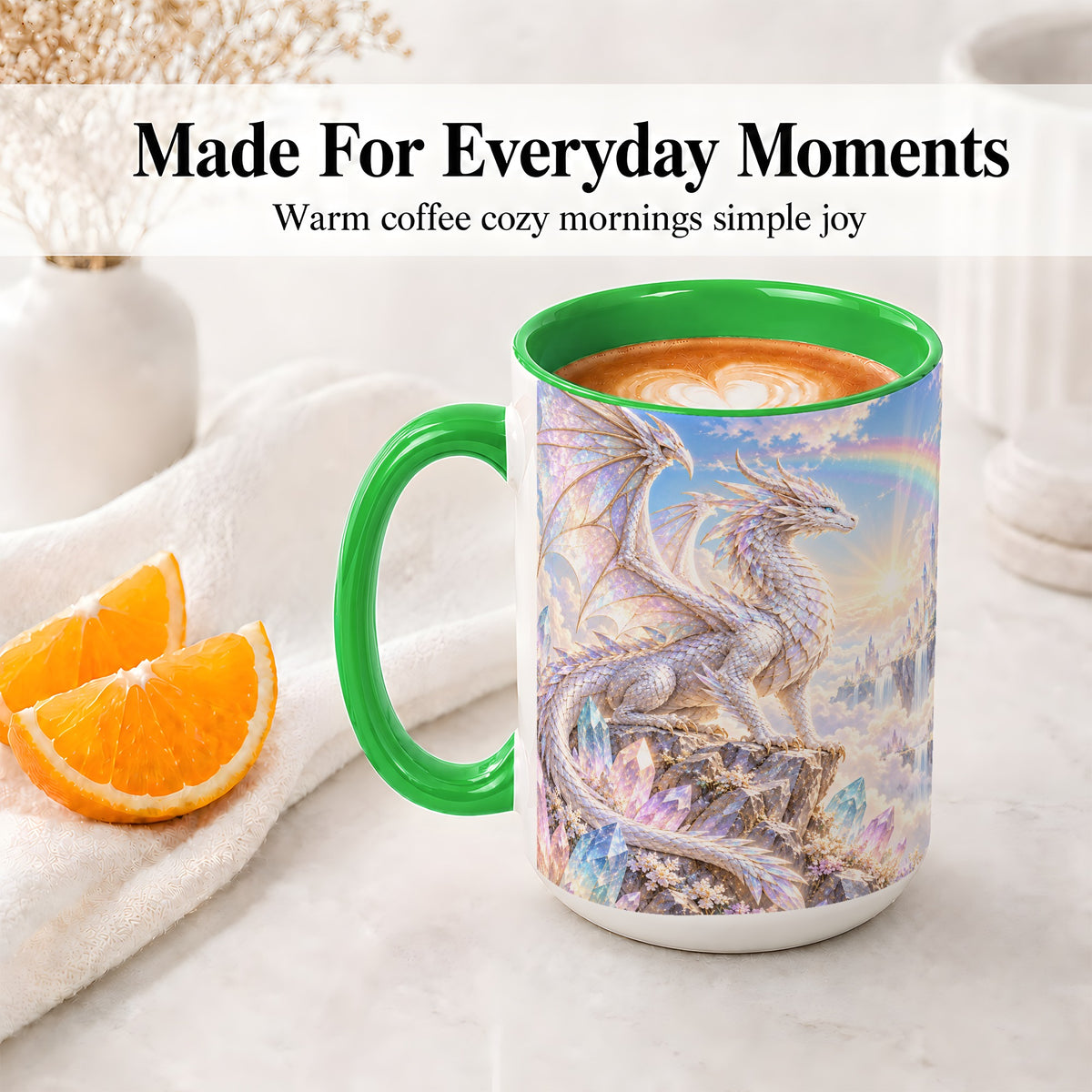 #pl[15oz|Green] White Crystal Dragon Accent Mug, Mug with Fantasy Artwork