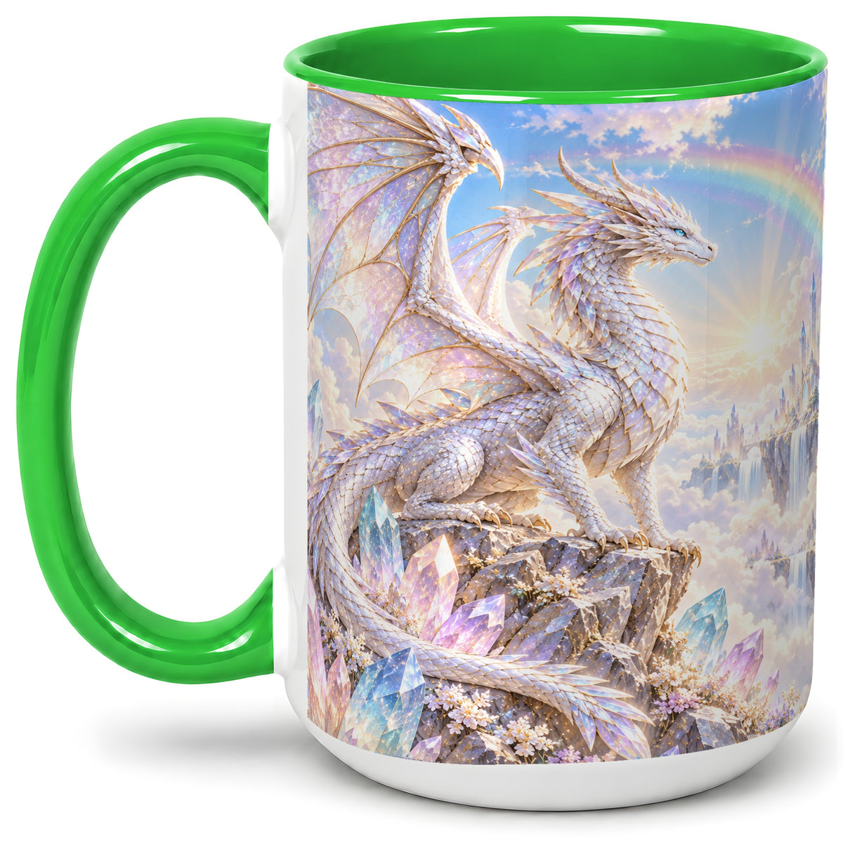 #pl[15oz|Green] White Crystal Dragon Accent Mug, Mug with Fantasy Artwork