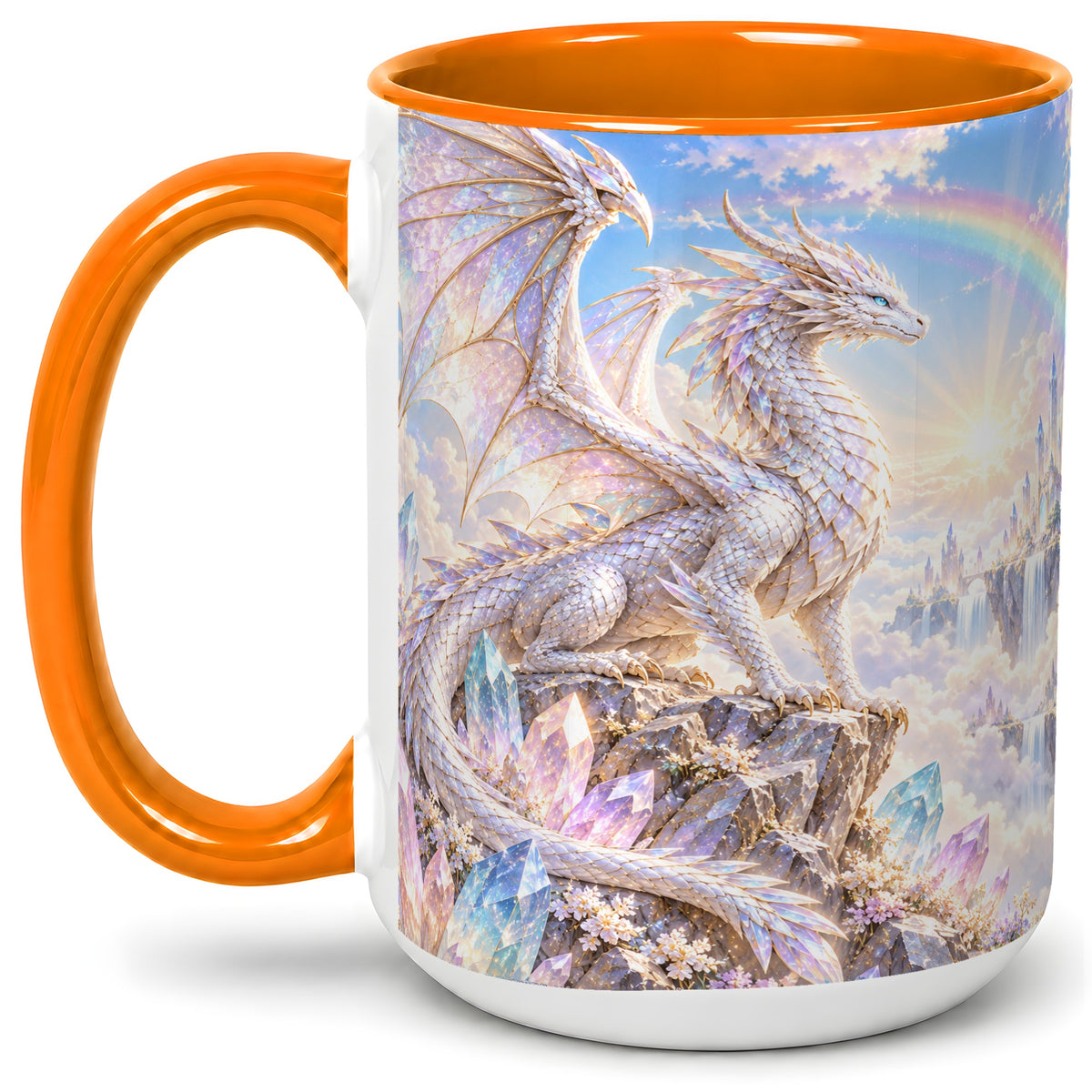 #pl[15oz|Orange] White Crystal Dragon Accent Mug, Mug with Fantasy Artwork