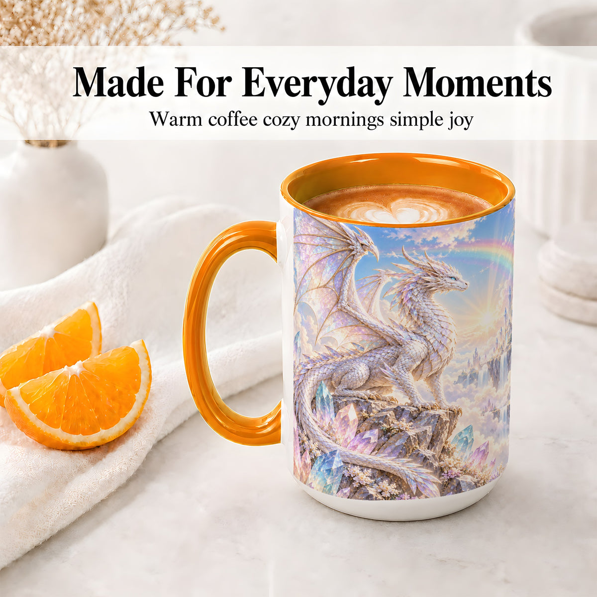 #pl[15oz|Orange] White Crystal Dragon Accent Mug, Mug with Fantasy Artwork
