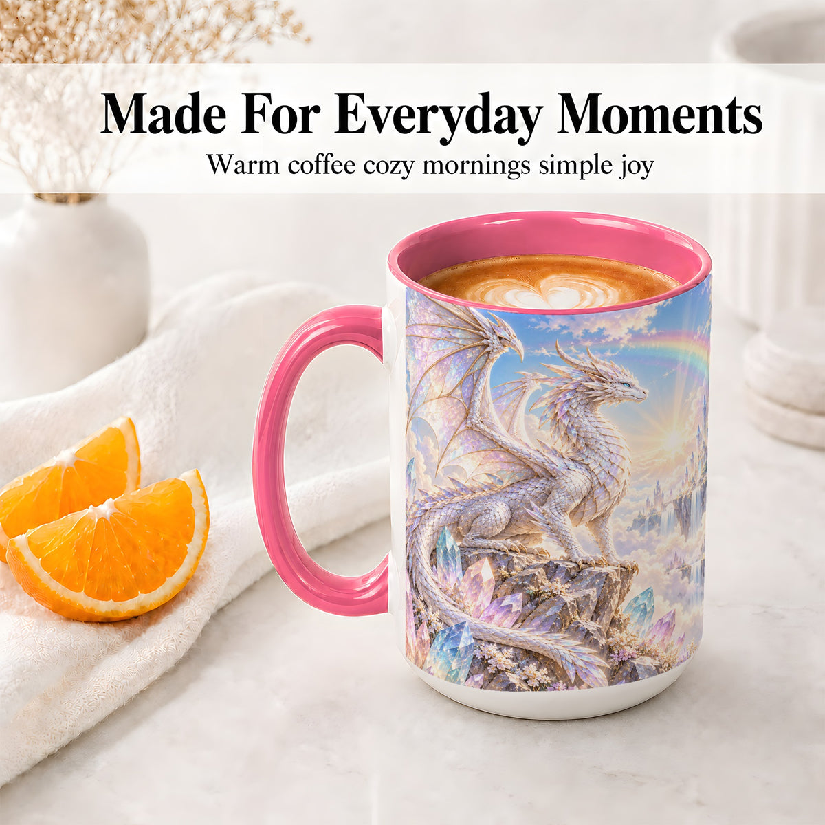 #pl[15oz|Pink] White Crystal Dragon Accent Mug, Mug with Fantasy Artwork
