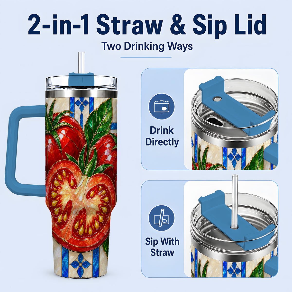 #pl[40oz|Blue] Stained Glass Tomato 40oz Tumbler, Stainless Steel Drinkware for Gardeners