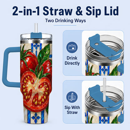 #pl[40oz|Blue] Stained Glass Tomato 40oz Tumbler, Stainless Steel Drinkware for Gardeners