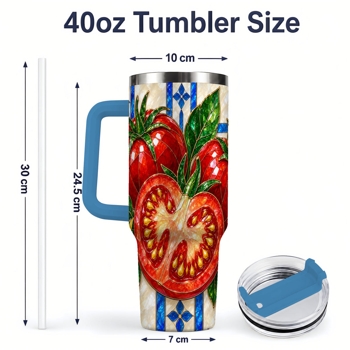#pl[40oz|Blue] Stained Glass Tomato 40oz Tumbler, Stainless Steel Drinkware for Gardeners