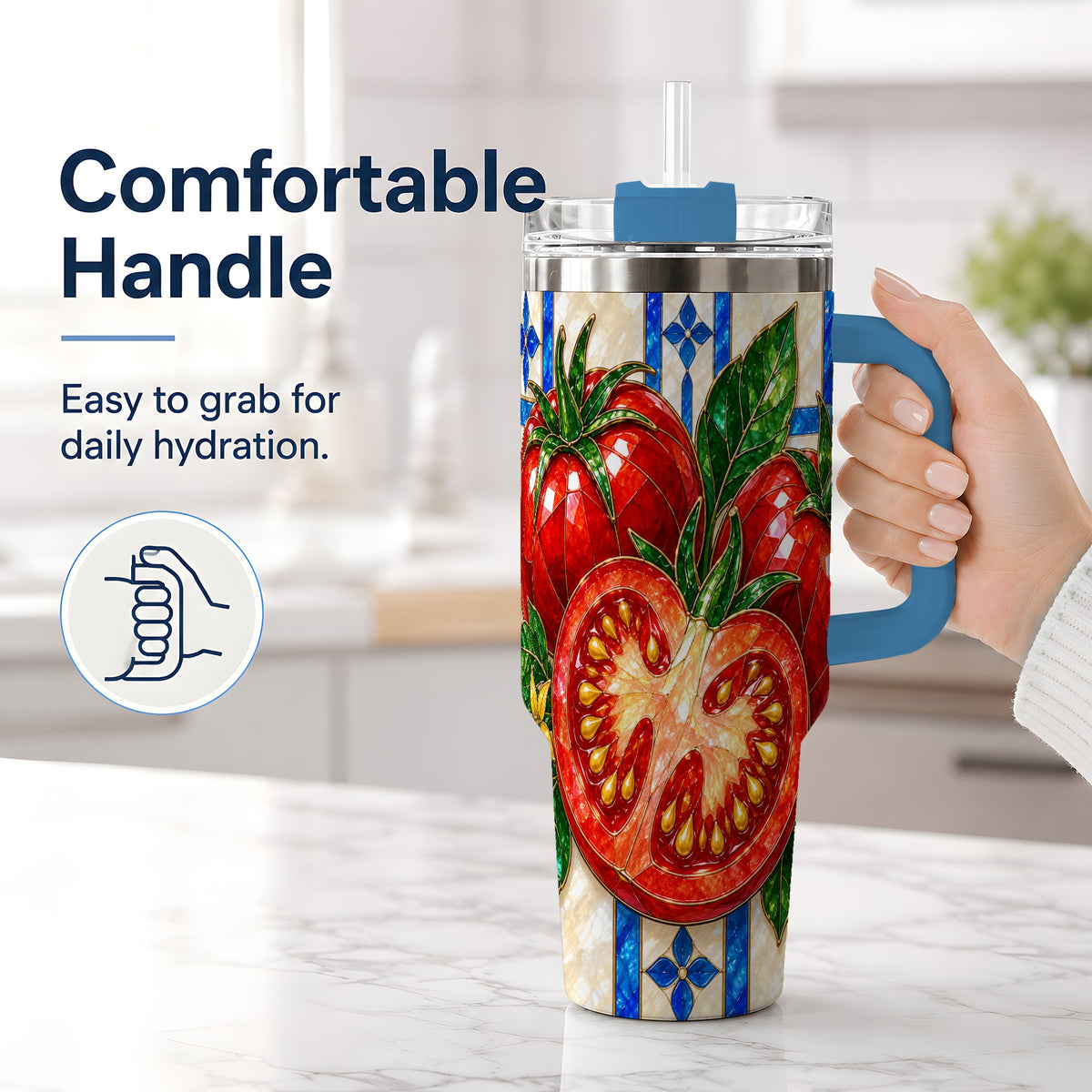 #pl[40oz|Blue] Stained Glass Tomato 40oz Tumbler, Stainless Steel Drinkware for Gardeners