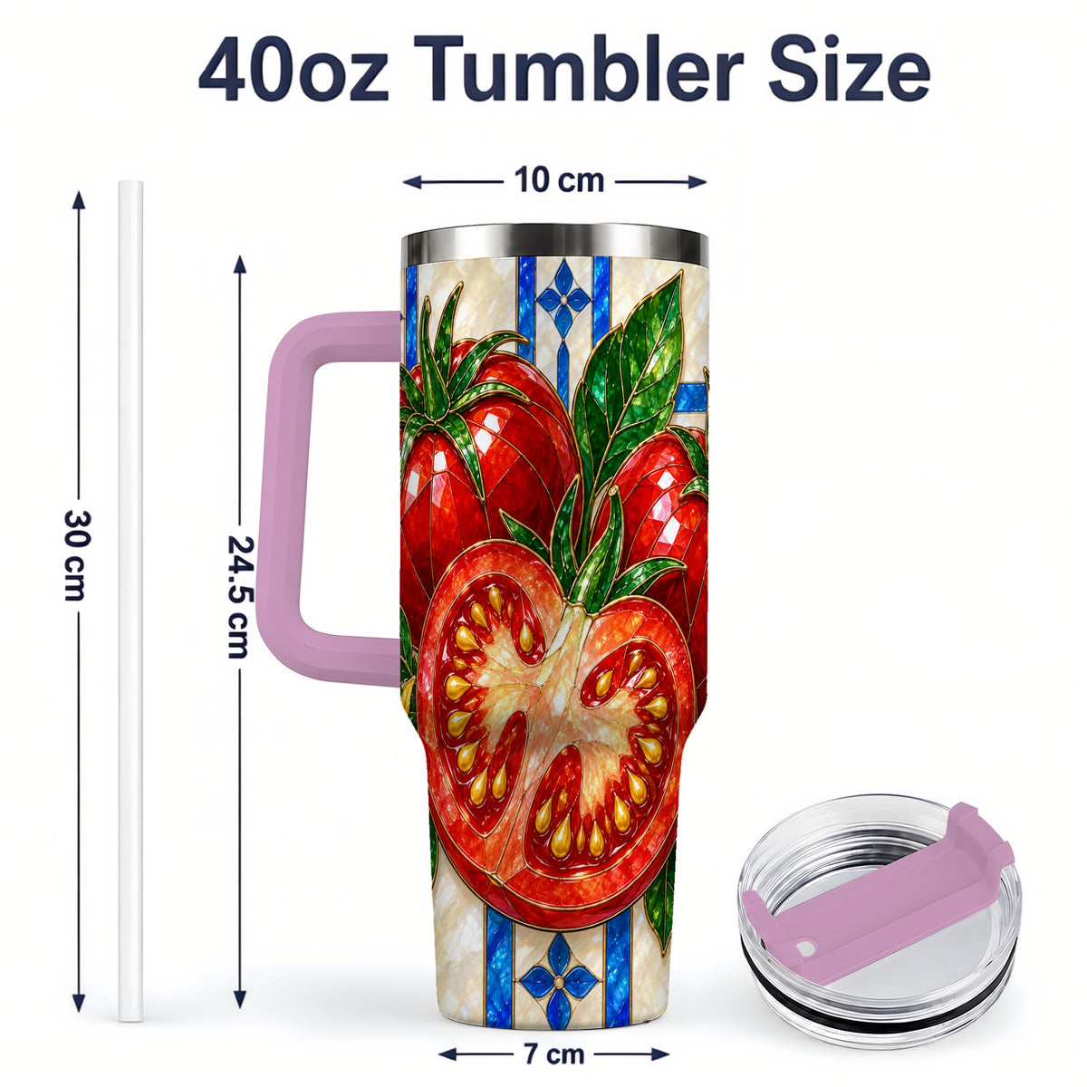 #pl[40oz|Pink] Stained Glass Tomato 40oz Tumbler, Stainless Steel Drinkware for Gardeners