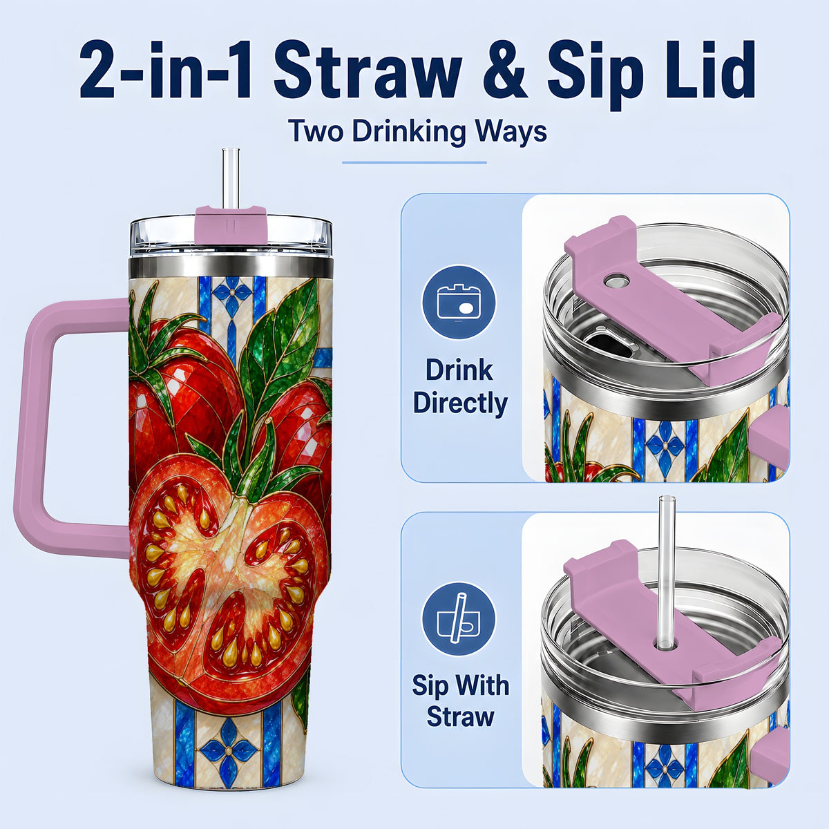 #pl[40oz|Pink] Stained Glass Tomato 40oz Tumbler, Stainless Steel Drinkware for Gardeners