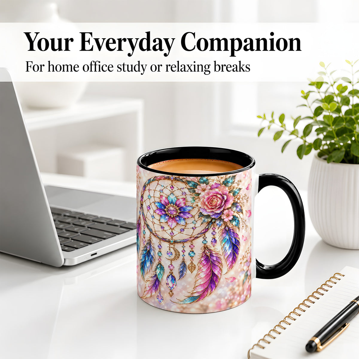 #pl[11oz|Black] Floral Dreamcatcher Accent Mug, Mug with Pastel Feather Artwork