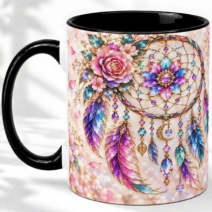 #pl[11oz|Black] Floral Dreamcatcher Accent Mug, Mug with Pastel Feather Artwork