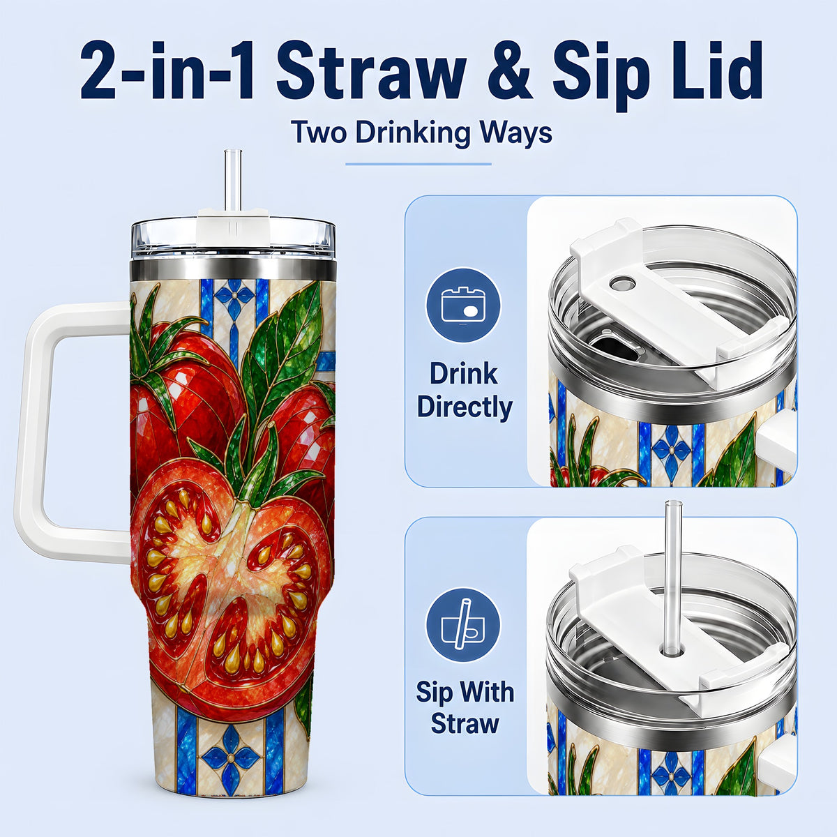 #pl[40oz|White] Stained Glass Tomato 40oz Tumbler, Stainless Steel Drinkware for Gardeners