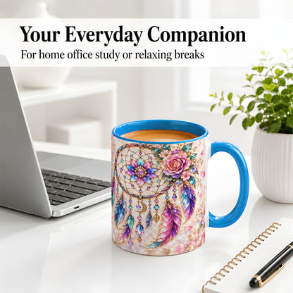 #pl[11oz|Blue] Floral Dreamcatcher Accent Mug, Mug with Pastel Feather Artwork