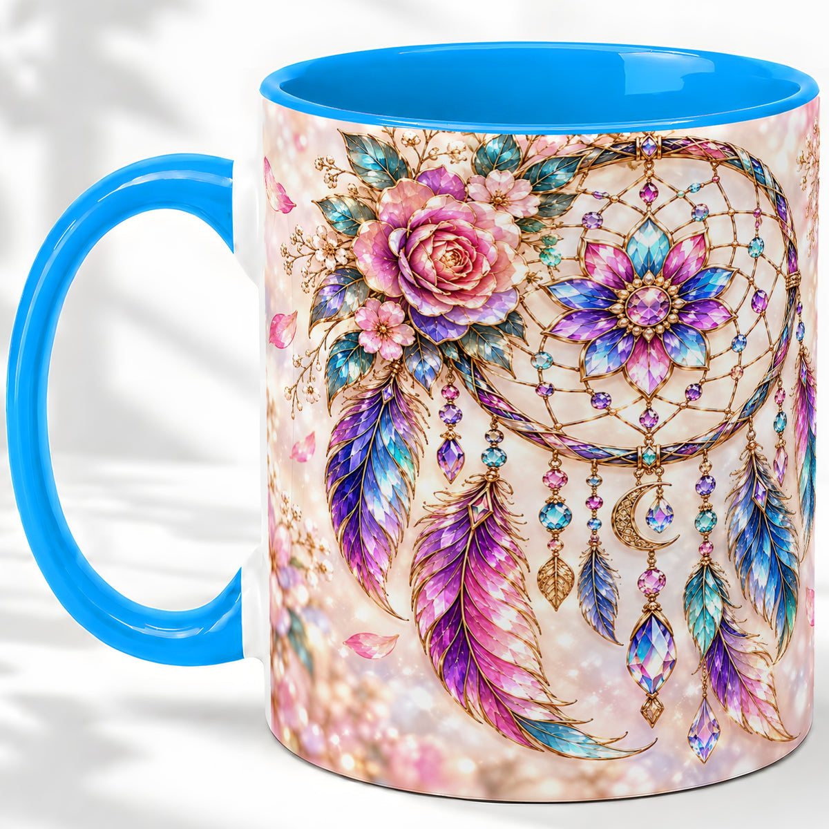 #pl[11oz|Blue] Floral Dreamcatcher Accent Mug, Mug with Pastel Feather Artwork