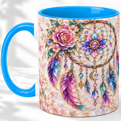 #pl[11oz|Blue] Floral Dreamcatcher Accent Mug, Mug with Pastel Feather Artwork