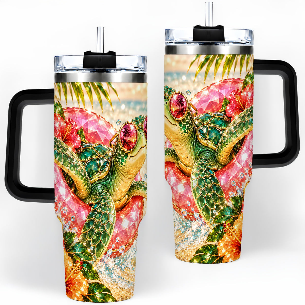 #pl[40oz|Black] Tropical Sea Turtle 40oz Tumbler, Stainless Steel Drinkware for Beach Fans