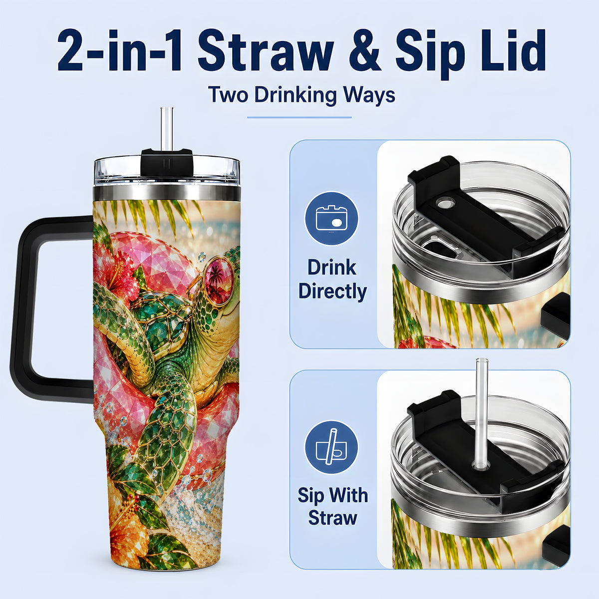 #pl[40oz|Black] Tropical Sea Turtle 40oz Tumbler, Stainless Steel Drinkware for Beach Fans