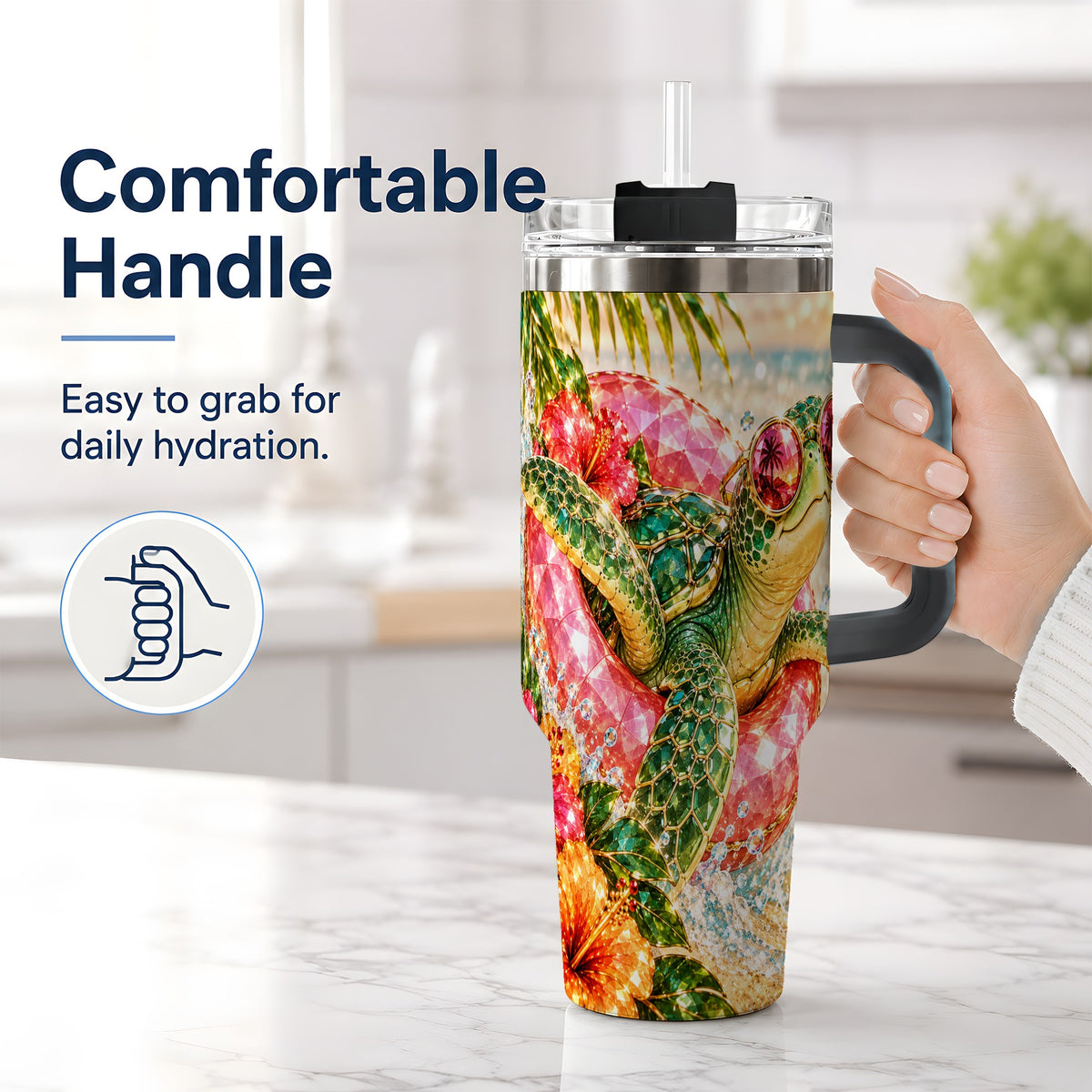 #pl[40oz|Black] Tropical Sea Turtle 40oz Tumbler, Stainless Steel Drinkware for Beach Fans