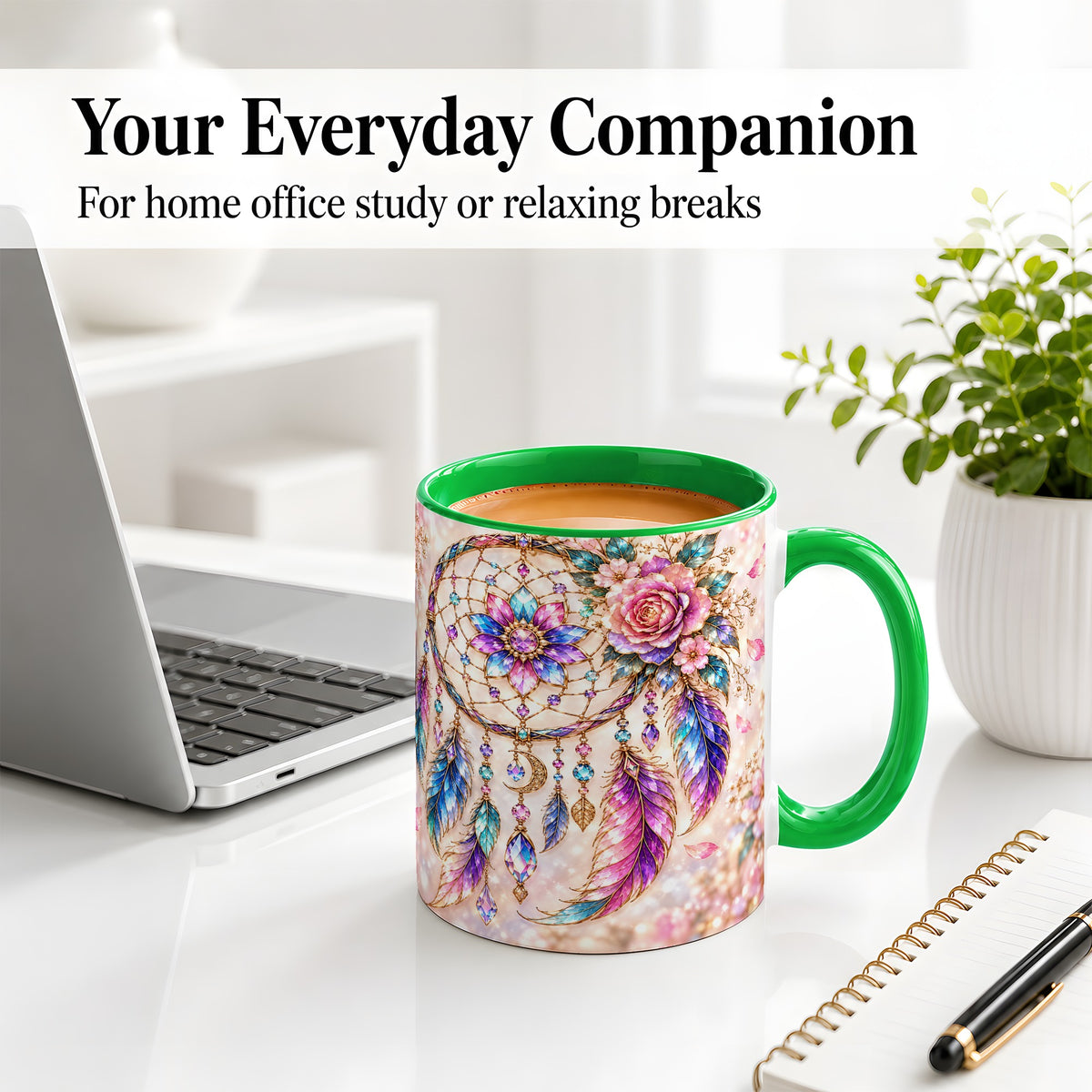 #pl[11oz|Green] Floral Dreamcatcher Accent Mug, Mug with Pastel Feather Artwork