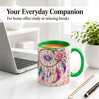 #pl[11oz|Green] Floral Dreamcatcher Accent Mug, Mug with Pastel Feather Artwork
