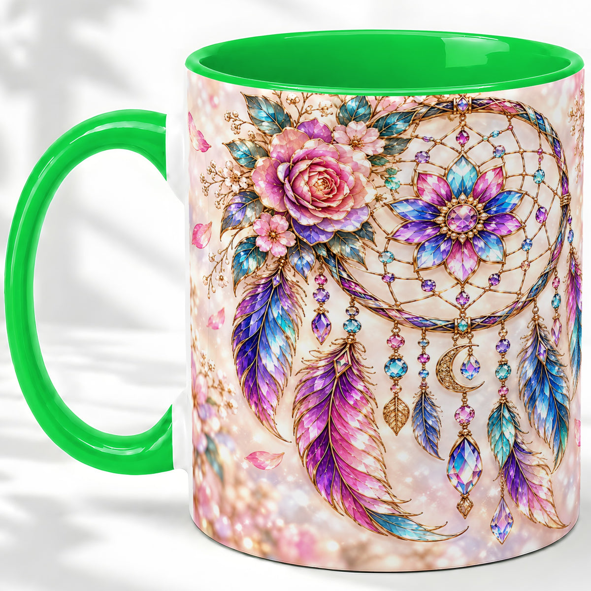 #pl[11oz|Green] Floral Dreamcatcher Accent Mug, Mug with Pastel Feather Artwork