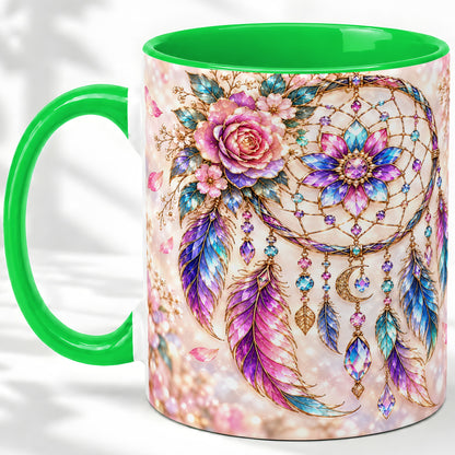 #pl[11oz|Green] Floral Dreamcatcher Accent Mug, Mug with Pastel Feather Artwork