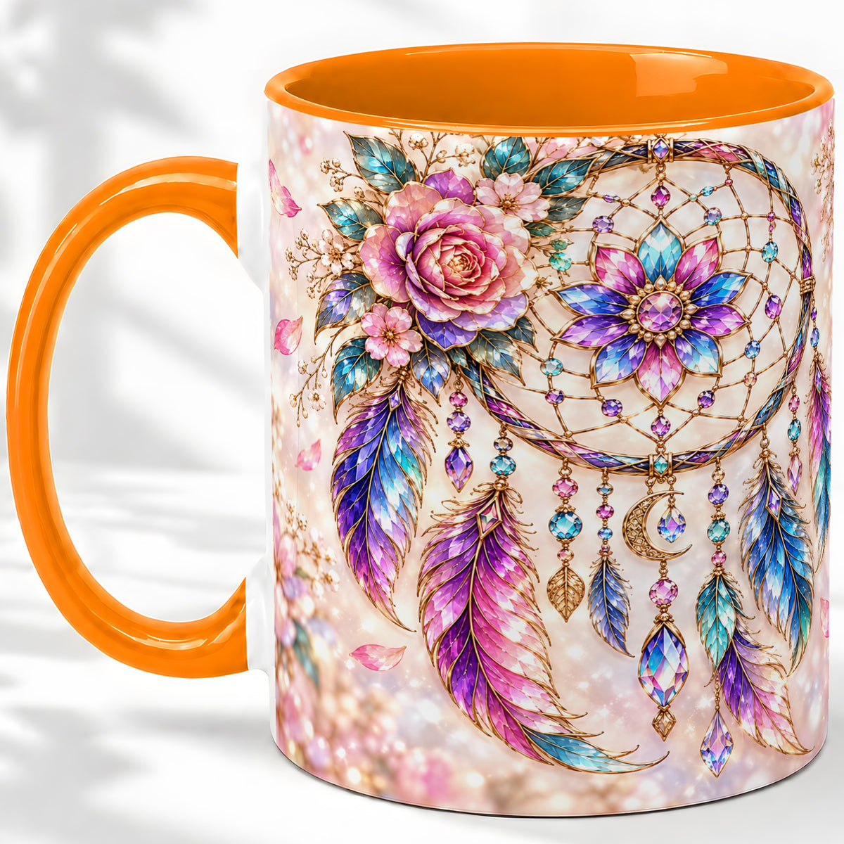 #pl[11oz|Orange] Floral Dreamcatcher Accent Mug, Mug with Pastel Feather Artwork
