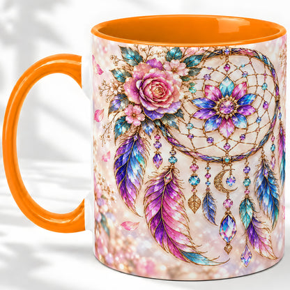 #pl[11oz|Orange] Floral Dreamcatcher Accent Mug, Mug with Pastel Feather Artwork