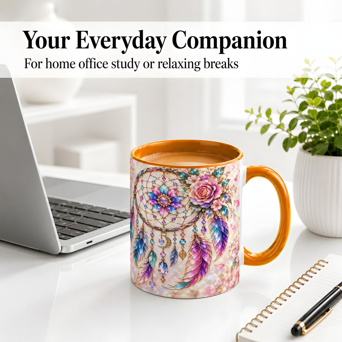 #pl[11oz|Orange] Floral Dreamcatcher Accent Mug, Mug with Pastel Feather Artwork