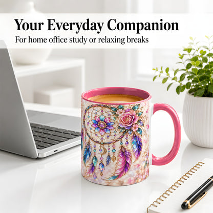 #pl[11oz|Pink] Floral Dreamcatcher Accent Mug, Mug with Pastel Feather Artwork