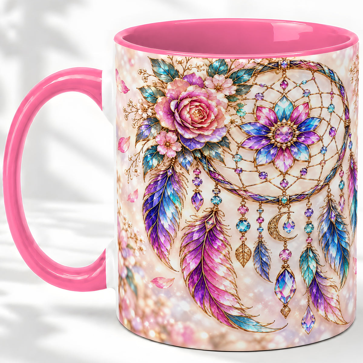 #pl[11oz|Pink] Floral Dreamcatcher Accent Mug, Mug with Pastel Feather Artwork