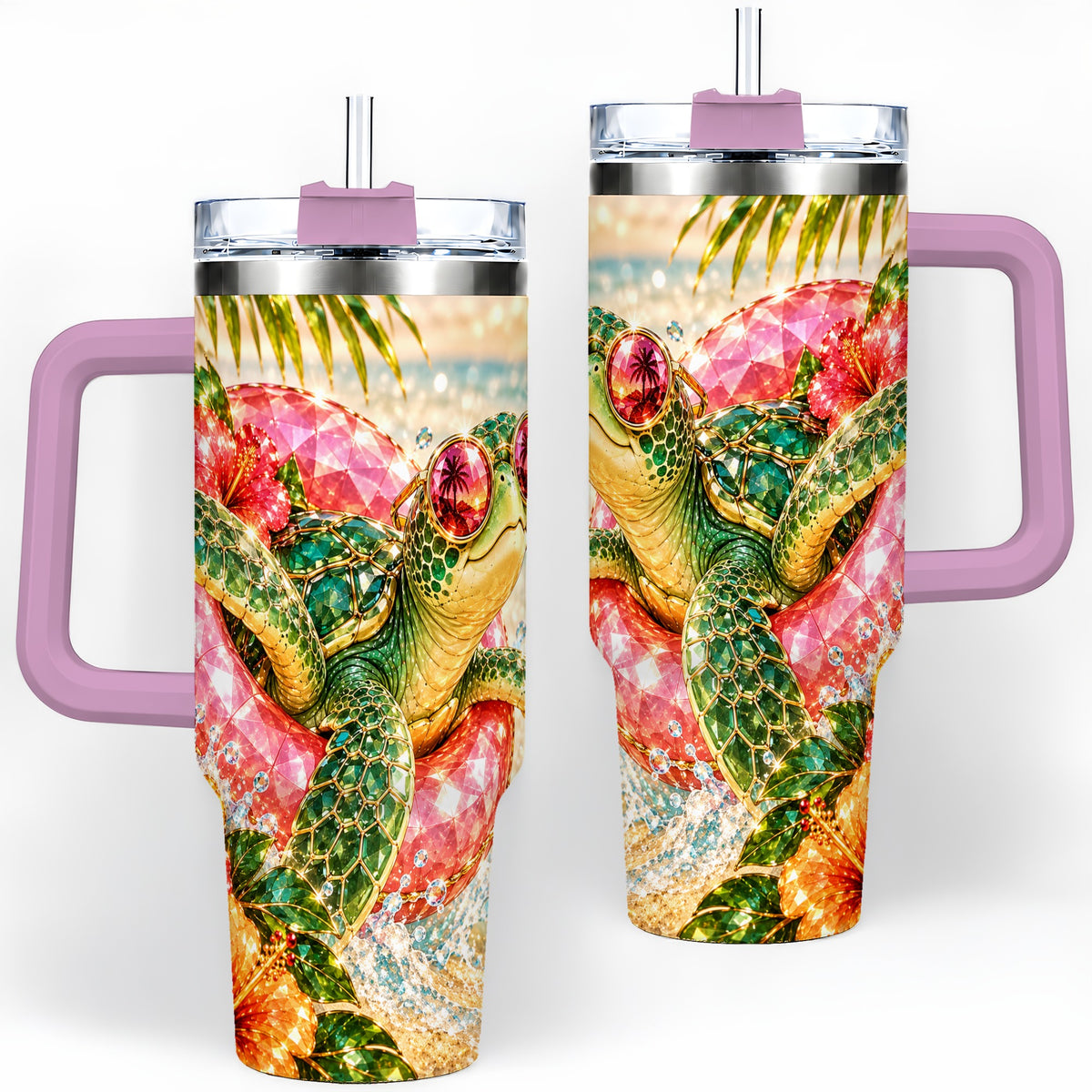 #pl[40oz|Pink] Tropical Sea Turtle 40oz Tumbler, Stainless Steel Drinkware for Beach Fans