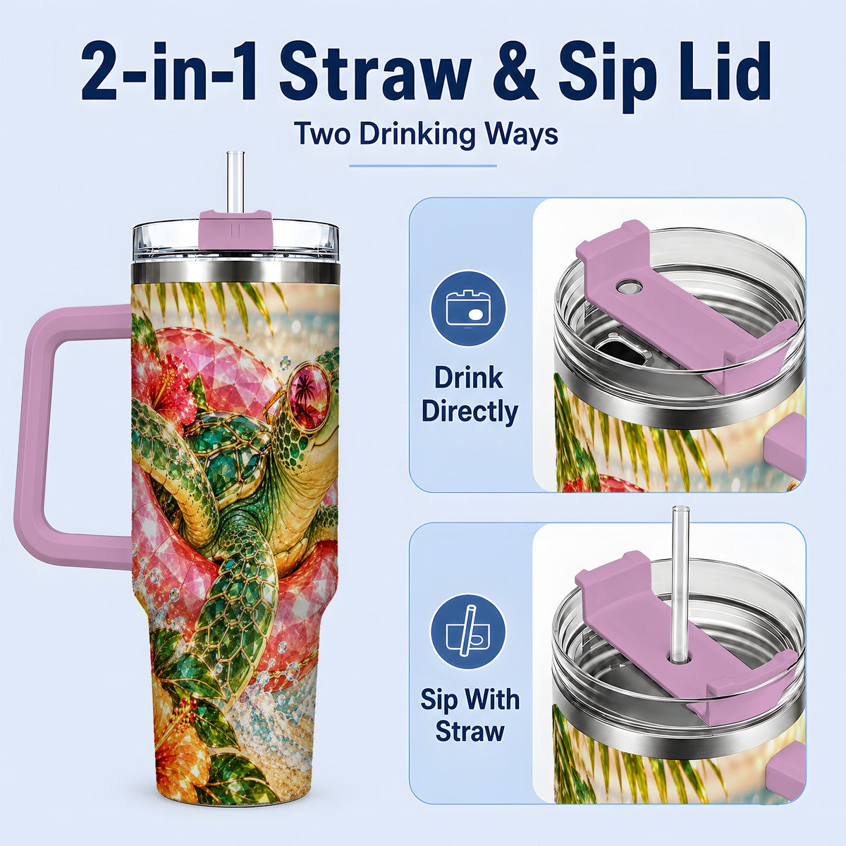 #pl[40oz|Pink] Tropical Sea Turtle 40oz Tumbler, Stainless Steel Drinkware for Beach Fans