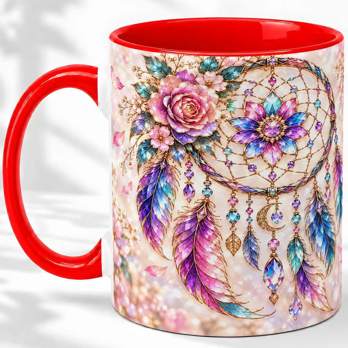 Floral Dreamcatcher Accent Mug, Mug with Pastel Feather Artwork